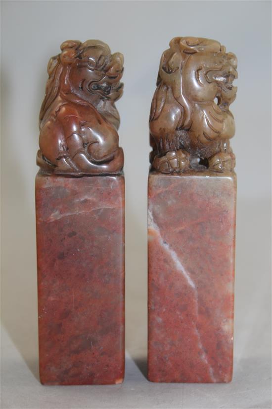 A pair of Chinese soapstone lion-dog seals, 11.5cm, with box
